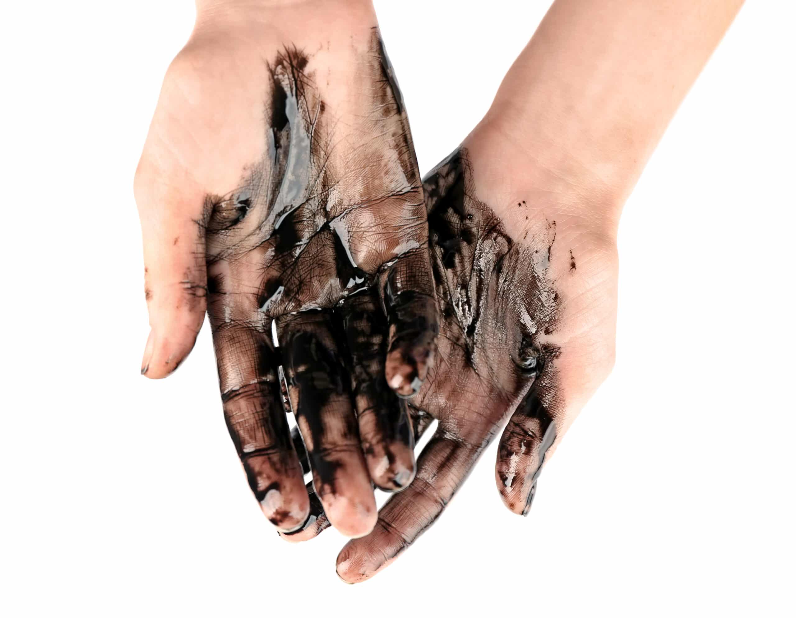 Human hands with oil on white background